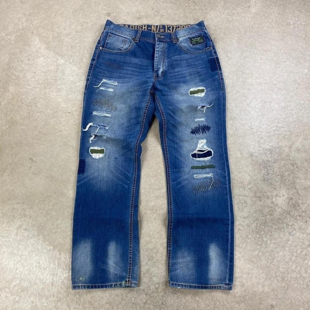 Vintage Parish Jeans Size 34x31 Blue Medium Wash‎ Denim Patch Work Baggy Y2K